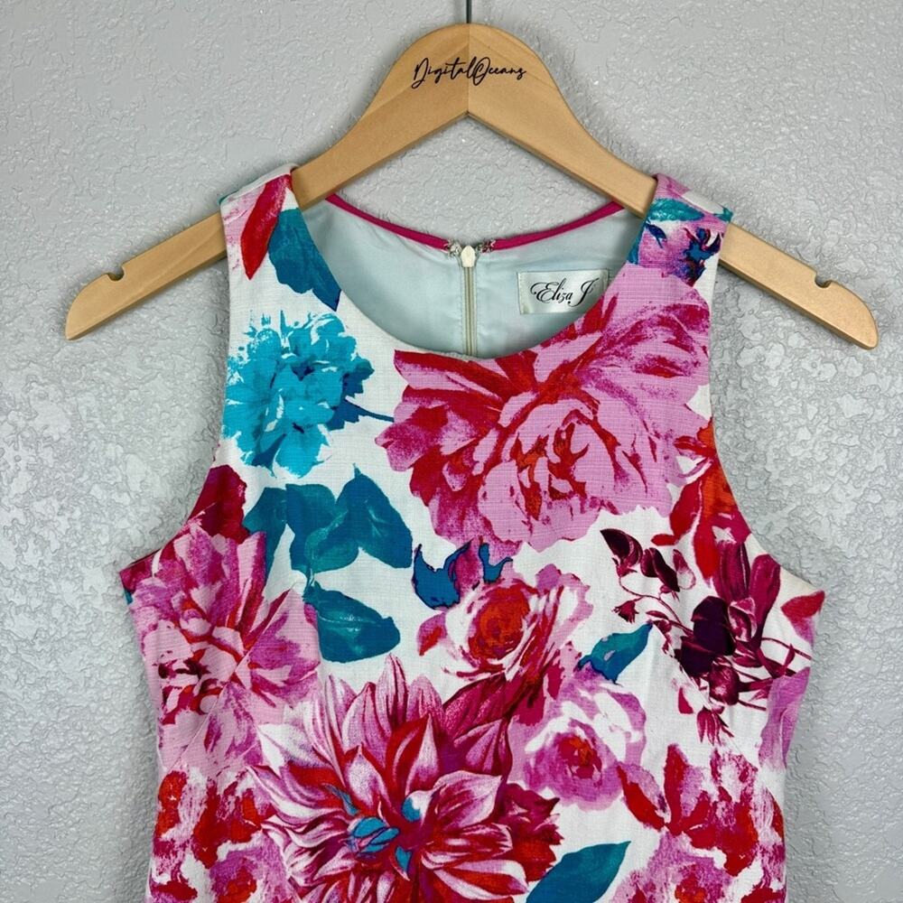 Eliza J Lace Trim Sleeveless Shift Dress 2 Floral Lace Romantic Pink Teal White - Picture 2 of 11